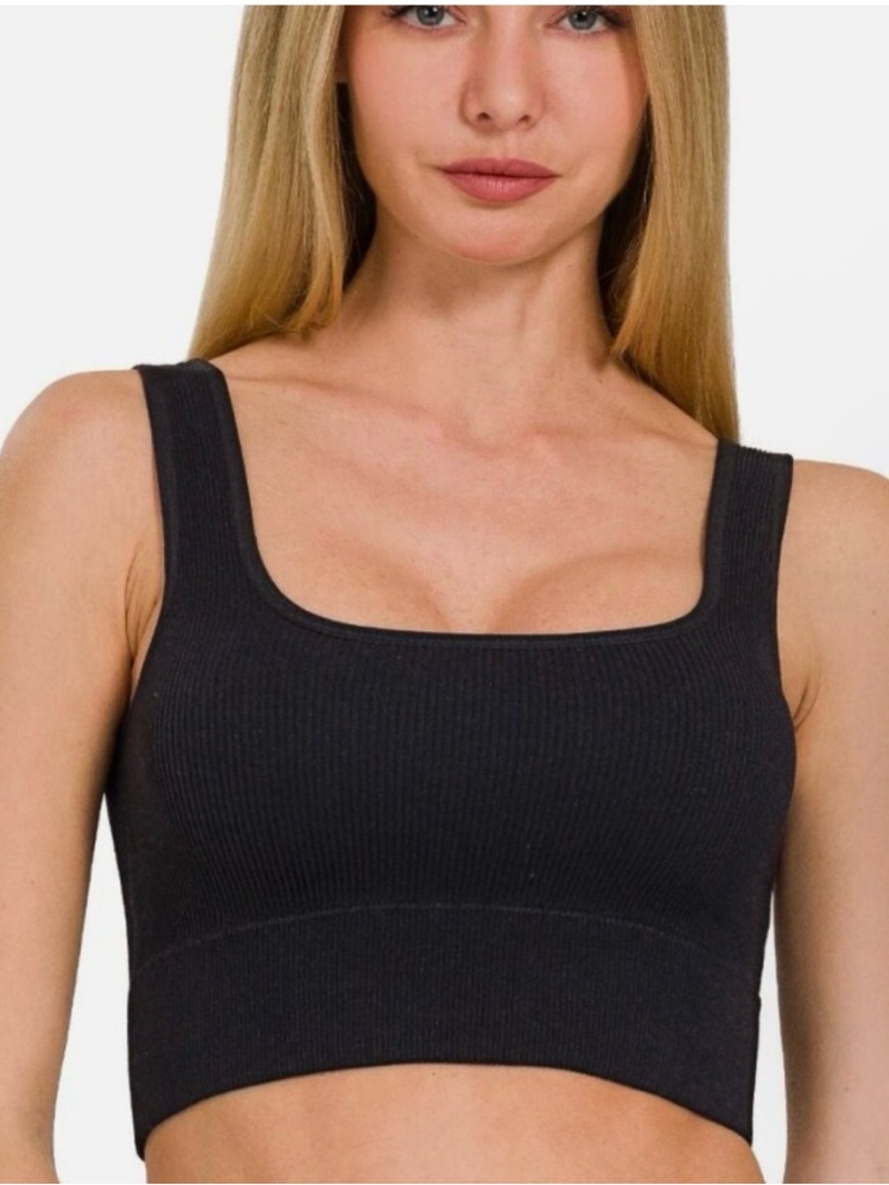 Zenana Outfitters Black Ribbed Square-Neck Sports Bralette